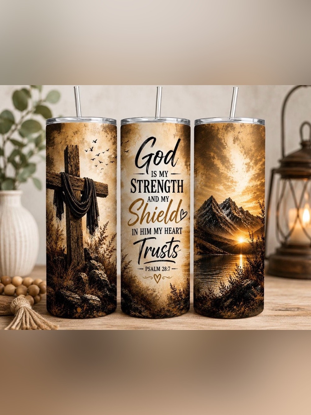 Inspirational 'God Is My Strength' Brown Stainless Tumbler